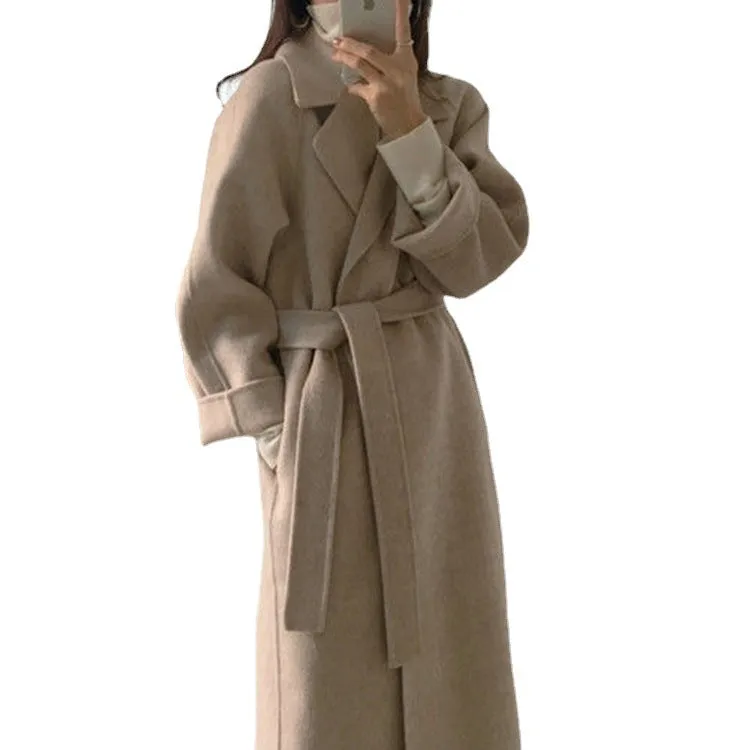 Joskaa 2000s fashion Women's Woolen Overcoat Korean Style Fried Street Suit Collar Loose Lace-up Autumn and Winter Extended Double-Sided Woolen Overcoat
