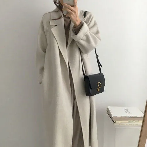 Joskaa 2000s fashion Women's Woolen Overcoat Korean Style Fried Street Suit Collar Loose Lace-up Autumn and Winter Extended Double-Sided Woolen Overcoat