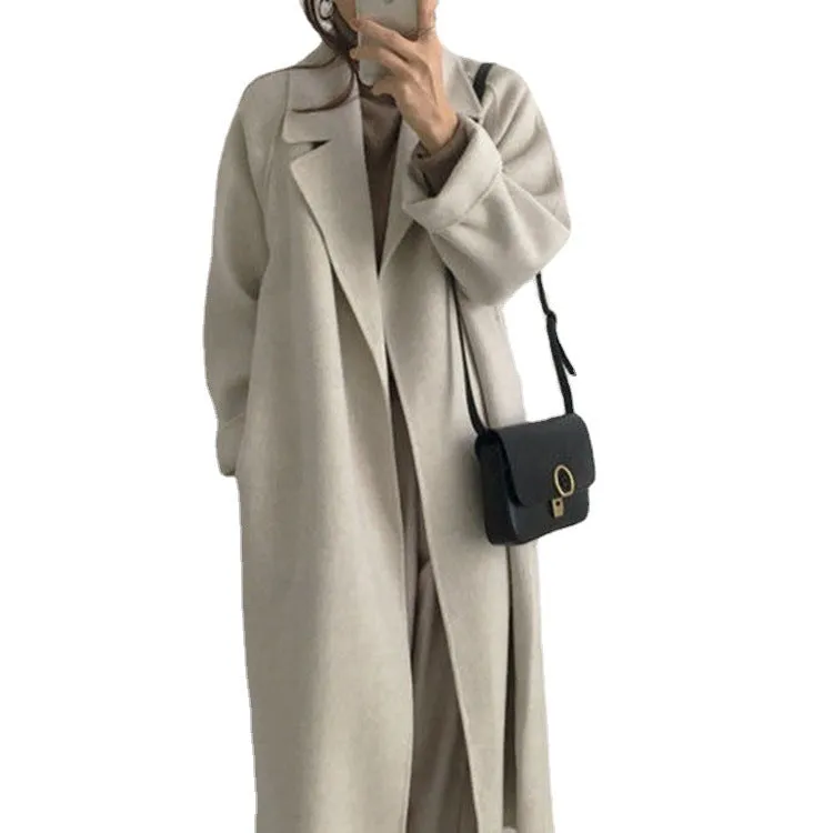 Joskaa 2000s fashion Women's Woolen Overcoat Korean Style Fried Street Suit Collar Loose Lace-up Autumn and Winter Extended Double-Sided Woolen Overcoat