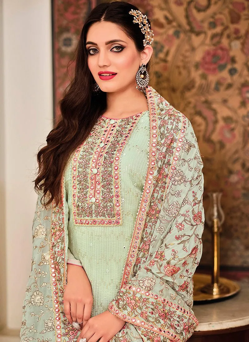 Light Green Punjabi Style Straight Cut Palazzo Suit