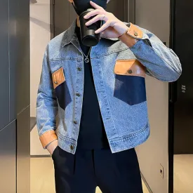Men's Casual Long Sleeve Denim Jacket with Patchwork Lapels